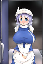 Rule 34 | 1girl, bad id, bad pixiv id, blue eyes, blush, breasts, huge breasts, hydrant (kasozama), large breasts, letty whiterock, light purple hair, looking at viewer, open mouth, short hair, solo, touhou, v arms