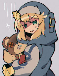 Rule 34 | 1boy, androgyne symbol, blonde hair, bridget (guilty gear), censored, censored gesture, commentary request, green eyes, grey background, guilty gear, guilty gear strive, habit, highres, hood, hood up, hooded jacket, itsuka neru, jacket, long sleeves, looking at viewer, male focus, medium hair, middle finger, mosaic censoring, open clothes, open mouth, puffy long sleeves, puffy sleeves, roger (guilty gear), solo, stuffed animal, stuffed toy, teddy bear, trap