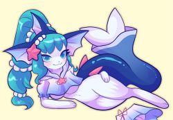 Rule 34 | 1girl, :3, animal hands, aqua hair, arm support, barefoot, blue eyes, blue shirt, blue skirt, blush, bottomless, breasts, bunseason, closed mouth, collarbone, creatures (company), crop top, female focus, fins, full body, furry, furry female, game freak, gem, gen 1 pokemon, gen 7 pokemon, hair ornament, happy, high ponytail, long hair, looking at viewer, lying, medium breasts, miniskirt, navel, nintendo, off shoulder, on side, outline, pearl (gemstone), pokemon, pokemon (creature), primarina, pussy, shirt, short sleeves, simple background, skirt, smile, solo, starfish, stomach, tail, uncensored, underboob, unworn skirt, vaporeon, yellow background