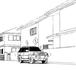 Rule 34 | 1girl, abduction, building, car, commentary request, greyscale, lineart, magical girl, monochrome, motor vehicle, original, road, sakifox, shoes, sports utility vehicle, vehicle focus