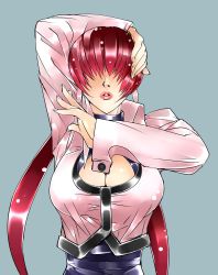 Rule 34 | 1girl, arm up, blue background, breasts, cai-man, cleavage, cleavage cutout, clothing cutout, cropped jacket, earrings, facing viewer, fingernails, hair over eyes, highres, jacket, jewelry, lips, long hair, red hair, shermie (kof), simple background, snk, solo, taut jacket, the king of fighters, twintails, very long hair, white jacket