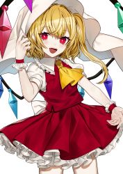 Rule 34 | 1girl, :d, absurdres, alternate headwear, ascot, bad id, bad twitter id, blonde hair, cherry blossoms, commentary request, cowboy shot, crystal, daimaou ruaeru, eyelashes, fangs, flandre scarlet, frilled shirt collar, frills, hair between eyes, hand up, highres, long hair, looking at viewer, one side up, open mouth, petticoat, puffy short sleeves, puffy sleeves, red eyes, red skirt, red vest, shirt, short sleeves, simple background, skirt, skirt set, smile, solo, standing, touhou, veil, vest, white background, white shirt, wings, wrist cuffs, yellow ascot