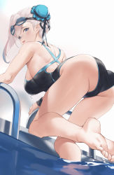Rule 34 | 1girl, arched back, ass, bare arms, bare legs, bare shoulders, barefoot, blue eyes, breasts, bun cover, competition swimsuit, fate/grand order, fate (series), feet, foreshortening, goggles, goggles on head, hair bun, highres, in water, looking at viewer, looking back, medium breasts, miyamoto musashi (fate), miyamoto musashi (fate/grand order), miyamoto musashi (swimsuit berserker) (fate), miyamoto musashi (swimsuit berserker) (first ascension) (fate), one-piece swimsuit, parfaitlate, pool, pool ladder, side bun, simple background, single side bun, soles, solo, swimsuit, thighs, toes, water, white background, white hair