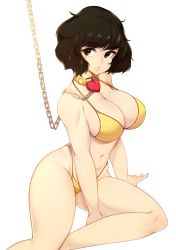 Rule 34 | 1girl, absurdres, bikini, breasts, brown eyes, brown hair, chain, chain leash, cleavage, collar, commentary, heart, highres, kawakami sadayo, large breasts, leash, legs, looking at viewer, navel, persona, persona 5, persona 5 the royal, short hair, simple background, sitting, slugbox, solo, swimsuit, thighs, white background, yellow bikini, yellow collar