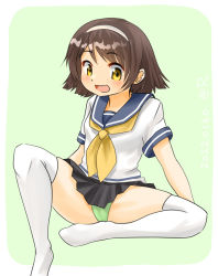 Rule 34 | 1girl, black hair, black skirt, blue sailor collar, brown eyes, dated, female focus, full body, green background, green panties, hairband, kantai collection, looking at viewer, neckerchief, one-hour drawing challenge, panties, pleated skirt, ray.s, sailor collar, school uniform, serafuku, shirt, short hair, short sleeves, sitting, skirt, solo, tanikaze (kancolle), thighhighs, twitter username, two-tone background, underwear, white background, white hairband, white shirt, white thighhighs, yellow neckerchief