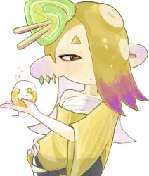 Rule 34 | 1girl, :/, black socks, blonde hair, cephalopod eyes, chest sarashi, colored extremities, colored skin, colored tips, cup, drink, drinking glass, earrings, eyeshadow, food, food on head, fruit, fruit on head, gradient skin, hair ornament, hair over one eye, hair stick, hand fan, hand on own hip, hand up, highres, holding, holding cup, holding drink, holding fan, jewelry, lime (fruit), lime slice, long hair, looking to the side, makeup, mt38lg, multicolored hair, multicolored skin, multiple earrings, nintendo, object on head, octoling, oekakirisuke, off shoulder, official alternate costume, pink hair, pink skin, red eyes, red eyeshadow, sarashi, shawl, shiver (splatoon), short eyebrows, simple background, socks, solo, splatoon (series), splatoon 3, suction cups, tentacle hair, tooth earrings, two-tone hair, two-tone skin, white background, yellow shawl