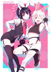 Rule 34 | 2boys, androgynous, animal ears, black shirt, black vest, brown hair, crop top, fake animal ears, formal, full body, garter straps, gloves, hands on own hips, highres, looking at viewer, male focus, multiple boys, one eye closed, open mouth, original, pink trim, pml, rabbit boy, rabbit ears, red eyes, shirt, short hair, shorts, smile, suit, thighhighs, trap, vest, waving, white hair, white shirt, white shorts
