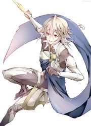 Rule 34 | 1boy, armor, atoatto, cape, corrin (fire emblem), corrin (male) (fire emblem), corrin (male) (fire emblem), fire emblem, fire emblem fates, gloves, hairband, looking at viewer, male focus, nintendo, pointy ears, red eyes, short hair, smile, solo, white hair