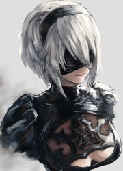 Rule 34 | 1girl, absurdres, breasts, center opening, cleavage, closed mouth, dress, hairband, highres, medium breasts, mole, mole under mouth, na (oagenosuke), nier:automata, nier (series), puffy sleeves, ribbed dress, short hair, solo, upper body, white background, 2b (nier:automata)