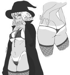 Rule 34 | 1girl, ass, bikini, breasts, cameltoe, cape, fishnet thighhighs, fishnets, hat, muffin top, one-punch man, string bikini, swimsuit, tan, tanline, tatsumaki, thighhighs, witch hat