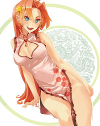Rule 34 | 1girl, alternate costume, arm support, bad id, bad pixiv id, blue eyes, braid, breasts, china dress, chinese clothes, cleavage, cleavage cutout, clothing cutout, dragon, dress, eastern dragon, female focus, floral print, hair ornament, hong meiling, long hair, no panties, open mouth, red hair, side slit, sitting, smile, solo, star (symbol), star hair ornament, touhou, twin braids, yoo (tabi no shiori)