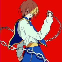 1boy blonde_hair blue_tabard chain frown hair_over_one_eye highres hunter_x_hunter jewelry kurapika long_sleeves looking_at_viewer male_focus red_background red_eyes ring shirt short_hair simple_background solo standing suo_oua tabard upper_body white_shirt