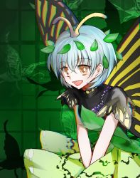 Rule 34 | 1girl, animal, antennae, aqua hair, brown eyes, butterfly background, butterfly wings, dress, eternity larva, fairy, green dress, hair between eyes, insect wings, leaf, leaf on head, mirei (miirei), multicolored clothes, multicolored dress, open mouth, short hair, short sleeves, single strap, smile, solo, touhou, wings