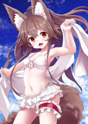 Rule 34 | 1girl, animal ear fluff, animal ears, bare arms, bare shoulders, bikini, blue sky, breasts, bridal garter, brown hair, cloud, collarbone, commentary request, day, fang, frilled bikini, frills, front-tie top, hair between eyes, hand up, highleg, highleg bikini, holding, holding towel, long hair, looking at viewer, navel, noa (nagareboshi), open mouth, original, outdoors, red eyes, side-tie bikini bottom, sky, small breasts, solo, swimsuit, tail, towel, very long hair, white bikini