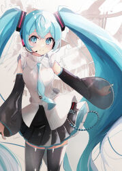 Rule 34 | 1girl, absurdres, blue eyes, blue hair, blush, collared shirt, hatsune miku, headset, highres, long hair, long sleeves, looking at viewer, necktie, paper, piano keys, pleated skirt, see-through, see-through sleeves, shirt, skirt, sleeveless, sleeveless shirt, smile, solo, sorami, thighhighs, twintails, very long hair, vocaloid