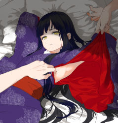 Rule 34 | 1girl, arm support, armpits, arms up, assisted exposure, bed sheet, black hair, blunt bangs, chito04, floral print, hair strand, highres, japanese clothes, kimono, long hair, long sleeves, looking at viewer, lying, obi, on back, on bed, original, out of frame, parted lips, pillow, print kimono, purple kimono, sash, shade, solo focus, straight hair, upper body, very long hair, yellow eyes