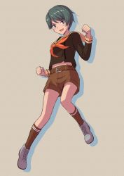 Rule 34 | 1girl, absurdres, belt, black eyes, brown sailor collar, brown serafuku, brown shorts, brown socks, clenched hand, commentary request, full body, green hair, grey background, highres, kantai collection, kneehighs, long sleeves, looking at viewer, mogami (kancolle), mogami kai ni (kancolle), neckerchief, orange neckerchief, porupurucha, sailor collar, school uniform, serafuku, short hair, shorts, simple background, socks, solo