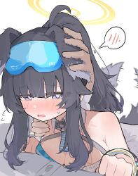 1boy 1girl animal_ears bare_shoulders black_hair blue-tinted_eyewear blue_archive blue_eyes blush bracelet breasts cleavage commentary_request dog_ears dog_girl dog_tail embarrassed extra_ears flying_sweatdrops girl_on_top goggles goggles_on_head halo hibiki_(blue_archive) hibiki_(cheer_squad)_(blue_archive) highres jewelry large_breasts long_hair looking_at_viewer millennium_cheerleader_outfit_(blue_archive) multiple_bracelets nose_blush nyashiro_(sgylk) official_alternate_costume official_alternate_hairstyle open_mouth ponytail simple_background spoken_blush star_(symbol) star_sticker tail tail_wagging tinted_eyewear white_background yellow_halo