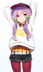 Rule 34 | 1girl, alternate costume, arms behind head, arms up, ayamori mimi, baseball cap, black shorts, casual, closed mouth, clothes writing, collared shirt, copyright name, hair bobbles, hair ornament, hat, highres, orange shirt, pantyhose, pantyhose under shorts, pink hair, plaid, plaid shirt, purple eyes, red pantyhose, shirt, short hair with long locks, short shorts, shorts, sidelocks, simple background, smile, solo, sweater, vocaloid, voiceroid, white background, white sweater, wings, yuzuki yukari