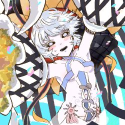 Rule 34 | 1girl, bare shoulders, black ribbon, black sclera, black tongue, breasts, clothing cutout, colored sclera, colored skin, colored tongue, dress, fangs, fate/grand order, fate (series), flower, hair flower, hair ornament, hands up, headgear, long sleeves, looking at viewer, navel, navel cutout, puffy long sleeves, puffy sleeves, ribbon, see-through, shimogamo (shimomo 12), small breasts, solo, sunflower, sunflower hair ornament, sunflower petals, sweatdrop, teeth, van gogh (fate), van gogh (third ascension) (fate), white dress, white eyes, white hair, white skin, white sleeves