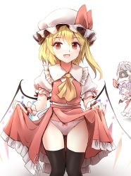 Rule 34 | 3girls, :d, ascot, black legwear, blonde hair, blush, bow, bow panties, camera, clothes lift, commentary request, crotch seam, crystal, fang, flandre scarlet, hat, hat ribbon, izayoi sakuya, long hair, minust, mob cap, multiple girls, open mouth, panties, puffy short sleeves, puffy sleeves, red eyes, remilia scarlet, ribbon, short sleeves, side ponytail, simple background, skindentation, skirt, skirt lift, skirt set, smile, thighhighs, touhou, underwear, white background, white panties, wings, wrist cuffs
