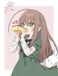 Rule 34 | + +, 1girl, black bow, blush stickers, bow, brown background, brown hair, commentary request, dress, drooling, food, green dress, green eyes, hair between eyes, hair bow, hands up, holding, holding food, inugami kira, layered sleeves, long hair, long sleeves, looking away, open mouth, original, puffy short sleeves, puffy sleeves, saliva, shirt, short over long sleeves, short sleeves, solo, two-tone background, very long hair, white background, white bow, white shirt