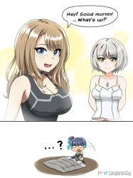 Rule 34 | 2koma, 3girls, breast tattoo, breasts, camisole, canadiananiguy, chest jewel, cleavage, comic, commentary, english commentary, eunie (xenoblade), grey hair, large breasts, medium breasts, mio (xenoblade), multiple girls, nightmare, no animal ears, patreon username, sena (xenoblade), short hair, sleeping bag, tattoo, twitter username, upper body, waking up, white camisole, xenoblade chronicles (series), xenoblade chronicles 3