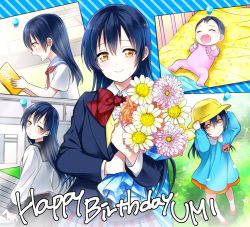 Rule 34 | 1girl, age progression, aged down, baby, birthday, blue hair, bouquet, character name, child, closed mouth, commentary request, english text, flower, hair between eyes, happy birthday, holding, holding bouquet, kisaragi mizu, long hair, looking at viewer, love live!, love live! school idol project, multiple persona, otonokizaka school uniform, school uniform, smile, sonoda umi, yellow eyes