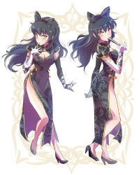 Rule 34 | 1girl, alternate costume, asymmetrical gloves, black dress, black gloves, black hair, blake belladonna, bow, breasts, china dress, chinese clothes, cleavage, commentary request, dress, elbow gloves, floral print, folding fan, gloves, hair bow, hand fan, high heels, highres, iesupa, legs, long hair, medium breasts, multiple views, pumps, rwby, side slit, thighs, uneven gloves, white gloves, yellow eyes
