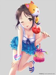 Rule 34 | 1girl, ;p, bent over, breasts, brown eyes, brown hair, candy apple, cleavage, hair ornament, holding, ilog, looking at viewer, mask, occhan (11715), official art, one eye closed, ribbon-trimmed clothes, ribbon trim, sandals, solo, tongue, tongue out