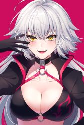Rule 34 | 1girl, :d, ahoge, bikini, black bikini, black choker, black gloves, black jacket, blush, breasts, choker, cleavage, collarbone, commentary request, cropped jacket, facing viewer, fate/grand order, fate (series), gloves, hair between eyes, high collar, highres, jacket, jeanne d&#039;arc alter (swimsuit berserker) (fate), jeanne d&#039;arc (fate), jeanne d&#039;arc alter (fate), jeanne d&#039;arc alter (swimsuit berserker) (fate), large breasts, long hair, looking at viewer, neko-san (dim.dream), o-ring, o-ring bikini, o-ring top, open mouth, shrug (clothing), silver hair, smile, solo, sparkle, swimsuit, yellow eyes