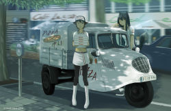Rule 34 | 10s, 2014, 2girls, animal ears, artist name, black legwear, blush, boots, car, carrying, cat ears, city, commentary, dead-robot, delivery, food, green eyes, hat, leaning, license plate, long hair, looking at viewer, midriff, motor vehicle, multiple girls, navel, one eye closed, original, outdoors, pantyhose, parking meter, pavement, pizza, pizza box, road, shadow, short hair, skirt, street, tail, tree, uniform, vehicle, vehicle focus, white footwear, wink