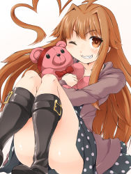 Rule 34 | 1girl, ;d, ahoge, black dress, black footwear, black panties, blunt bangs, blush, bondo, boots, bow, brown eyes, brown hair, brown jacket, cheek press, collarbone, dress, feet out of frame, grin, heart, heart ahoge, highres, huge ahoge, jacket, kantai collection, knee boots, knees up, kuma (kancolle), long hair, long sleeves, looking at viewer, hugging object, one eye closed, open clothes, open jacket, open mouth, panties, pantyshot, polka dot, polka dot dress, red bow, short dress, simple background, sitting, smile, solo, straight hair, stuffed animal, stuffed toy, teddy bear, teeth, thighs, underwear, upskirt, v-shaped eyebrows, very long hair, white background