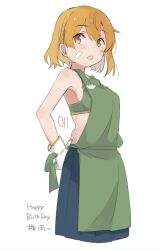 Rule 34 | 1girl, :o, absurdres, adjusting apron, adjusting clothes, apron, bandaid, bandaid on cheek, bandaid on face, blue skirt, bra, breasts, brown eyes, fang, gloves, green apron, green bra, hair between eyes, highres, kantai collection, looking at viewer, ma rukan, oboro (kancolle), orange hair, parted lips, simple background, skin fang, skirt, small breasts, solo, underwear, white background, white gloves