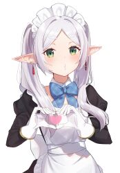 Rule 34 | 1girl, alternate costume, apron, bitseon, blue bow, blue bowtie, blush, bow, bowtie, commentary request, earrings, elf, enmaided, frieren, gloves, green eyes, heart, heart hands, heart in heart hands, highres, jewelry, long hair, looking at viewer, maid, maid apron, maid headdress, pointy ears, simple background, solo, sousou no frieren, thick eyebrows, twintails, white background, white gloves, white hair