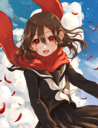 Rule 34 | 1girl, black sailor collar, black serafuku, black skirt, blue sky, brown hair, cloud, cloudy sky, commentary, day, floating hair, floating scarf, hair between eyes, hair ornament, hairclip, kagerou project, light blush, long sleeves, looking at viewer, mekakucity actors, neckerchief, open mouth, peach punch, petals, pleated skirt, red eyes, red scarf, sailor collar, scarf, school uniform, serafuku, skirt, sky, smile, solo, sparkle, tateyama ayano, white neckerchief, wind