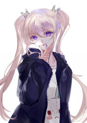 Rule 34 | 1girl, angelic buster, black jacket, hair between eyes, hair ornament, highres, jacket, long hair, looking at viewer, maplestory, nail polish, parted lips, purple eyes, purple nails, rabbit hair ornament, shirt, sidelocks, smile, solo, twintails, upper body, v, vardan, very long hair, white background, white shirt