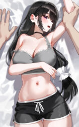 Rule 34 | 1girl, bare shoulders, black hair, bra, breasts, choker, cleavage, collarbone, dolphin shorts, highres, kfr, large breasts, long hair, looking at viewer, navel, open mouth, original, purple eyes, shorts, solo focus, sports bra, thighs, underwear