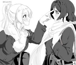Rule 34 | 2girls, absurdres, ayase eli, bag, buttons, closed mouth, coat, commentary, double-breasted, english commentary, finger to another&#039;s face, greyscale, highres, long hair, long sleeves, love live!, love live! school idol project, monochrome, multiple girls, niant9n, pointing, pointing at another, ponytail, scarf, school bag, shoulder bag, smile, tojo nozomi, upper body