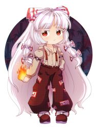 Rule 34 | 1girl, baggy pants, bamboo, bamboo forest, buttons, chibi, circle, dungeon toaster, fire, forest, fujiwara no mokou, hair ribbon, highres, imperishable night, long hair, looking to the side, nature, night, night sky, orange eyes, overalls, pants, red footwear, red pants, ribbon, shirt, sky, sleeve cuffs, tomboy, touhou, very long hair, white background, white hair, white shirt