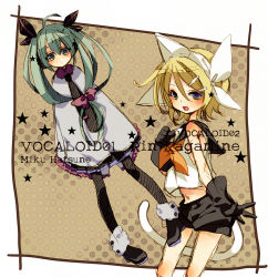 Rule 34 | 2girls, :3, alternate hairstyle, animal ears, aqua hair, bad id, bad pixiv id, bare shoulders, blonde hair, blue eyes, blush, cat ears, cat tail, dress, front ponytail, gloves, green eyes, hair ornament, hair ribbon, hairclip, hatsune miku, kagamine rin, long hair, multicolored eyes, multiple girls, navel, necktie, otsuo, pantyhose, pigeon-toed, purple eyes, ribbon, sailor collar, short hair, shorts, sketch, smile, tail, twintails, very long hair, vocaloid, yellow eyes