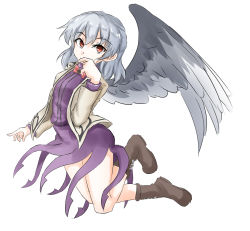 Rule 34 | 1girl, angel wings, beige jacket, boots, bow, bowtie, breasts, clip studio paint (medium), commentary request, covering own mouth, cross-laced footwear, dress, feathered wings, hair between eyes, kishin sagume, long sleeves, looking at viewer, purple dress, red bow, red bowtie, red eyes, short hair, simple background, single wing, small breasts, solo, tarumaru, thighs, touhou, white background, wings