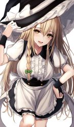Rule 34 | 1girl, 7saki, apron, bad id, bad twitter id, black hat, black skirt, blonde hair, blouse, blush, bow, braid, breasts, cowboy shot, frilled apron, frills, hair between eyes, hand on own hip, hat, hat bow, highres, kirisame marisa, long hair, looking at viewer, open mouth, puffy short sleeves, puffy sleeves, shirt, short sleeves, skirt, solo, touhou, very long hair, waist apron, white apron, white background, white bow, white shirt, witch hat, wrist cuffs, yellow eyes