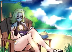 Rule 34 | beach, blonde hair, blue eyes, booklet, breasts, cape, cleavage, cloud, cloudy sky, coconut cup, crossed legs, earrings, fire emblem, fire emblem heroes, glasses, highres, jewelry, large breasts, looking at viewer, ludookdosatonum, medium hair, nintendo, official alternate costume, one-piece swimsuit, palm tree, parted bangs, sandals, selena (fire emblem: the sacred stones), selena (summer) (fire emblem: the sacred stones), shade, sitting, sky, smile, swimsuit, thigh strap, tree, umbrella