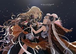 Rule 34 | 1boy, 1girl, black gloves, blonde hair, blue eyes, braid, dancing, dated, earrings, fate/grand order, fate (series), formal, gloves, hair ornament, highres, jewelry, long hair, looking at another, marie antoinette (fate), mask, unworn mask, petals, profile, ring, signature, sparkle, stole, tetsujima, twintails, very long hair, white hair, wolfgang amadeus mozart (fate)