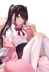 Rule 34 | 1girl, black nails, blue eyes, bow, bowtie, brown choker, brown hair, choker, closed mouth, collared shirt, colored inner hair, doll, heart, highres, jacket, kaga nazuna, knees together feet apart, knees up, long hair, looking at viewer, mole, mole under eye, multicolored hair, nail, nail polish, open clothes, open jacket, pantyhose, pink hair, pleated skirt, red bow, red bowtie, shirt, simple background, sitting, skirt, sleeves past wrists, smile, solo, touri tarou (misconception), two side up, virtual youtuber, vspo!, white background, white pantyhose, white shirt