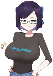 Rule 34 | 1girl, a-chan (hololive), absurdres, alternate breast size, april fools, black hair, black shirt, blue bow, blue eyes, blue pants, bow, breasts, collarbone, commentary, copyright name, english commentary, feeq, hair bow, half-closed eyes, hand on own hip, highres, hololive, impossible clothes, large breasts, looking at viewer, pants, shirt, smile, smirk, smug, solo, upper body, virtual youtuber, white background