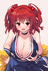 Rule 34 | 1girl, :d, alternate costume, blue skirt, blush, breasts, cheerleader, cleavage, commission, commissioner upload, detached collar, grabbing own breast, grey background, hair bobbles, hair intakes, hair ornament, highres, hira-san, large breasts, looking at viewer, onozuka komachi, onozuka komachi (happy-to-listen cheer-up guide), open mouth, paid reward available, red eyes, red hair, simple background, skeb commission, skirt, smile, solo, touhou, touhou lostword, two side up