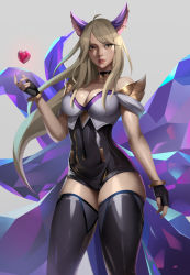 Rule 34 | absurdres, ahoge, ahri (league of legends), animal ears, bad id, bad pixiv id, bare shoulders, black thighhighs, blonde hair, breasts, choker, cleavage, covered navel, cowboy shot, crystal tail, fingerless gloves, floating hair, fox ears, gloves, heart, highres, k/da (league of legends), k/da ahri, large breasts, league of legends, leotard, letsbe, lips, lipstick, long hair, makeup, multiple tails, parted lips, solo, swept bangs, tail, thighhighs, thighs, vastaya, yellow eyes