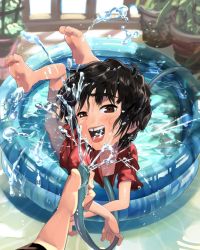 Rule 34 | 1boy, bad id, bad pixiv id, barefoot, big hero 6, black hair, blush, bottomless, brown eyes, feet, full body, hiro hamada, hose, lying, male focus, marvel, on stomach, open mouth, pov, sexually suggestive, shiogochi, short hair, smile, soles, solo focus, toe scrunch, toes, wading pool, water
